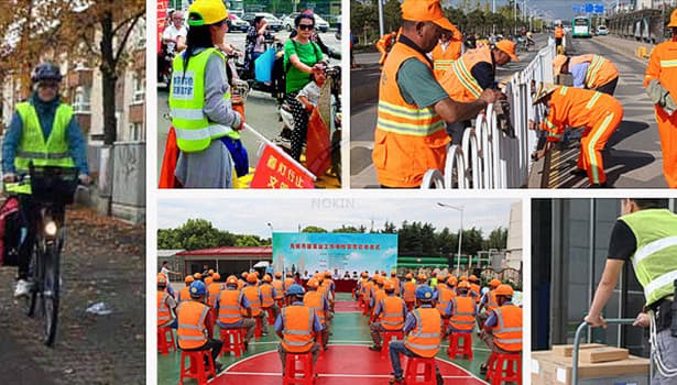 Reflective safety vests in action—cyclists, traffic volunteers, road workers, training sessions, warehouse staff