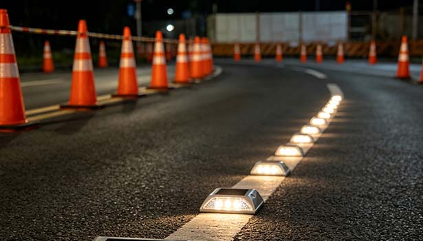 solar-road-studs-and-traffic-cones-combined-use