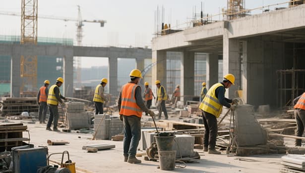 Construction workers wearing high-visibility reflective safety vests on a building site to improve visibility and prevent accidents in low-light conditions.