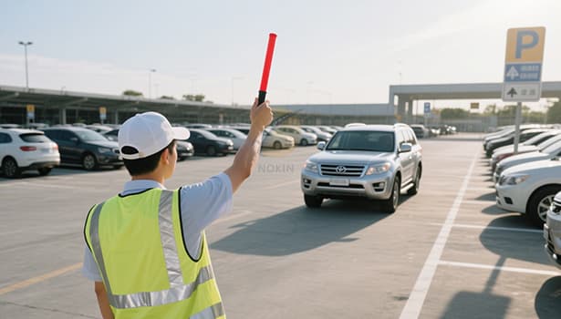 A parking attendant wearing a reflective safety vest directing vehicle traffic with a stop baton, demonstrating proper use of high-visibility gear.