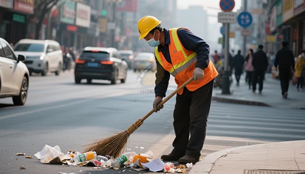 A street cleaner in a reflective safety vest cleaning a city road, ensuring visibility to motorists for personal safety.
