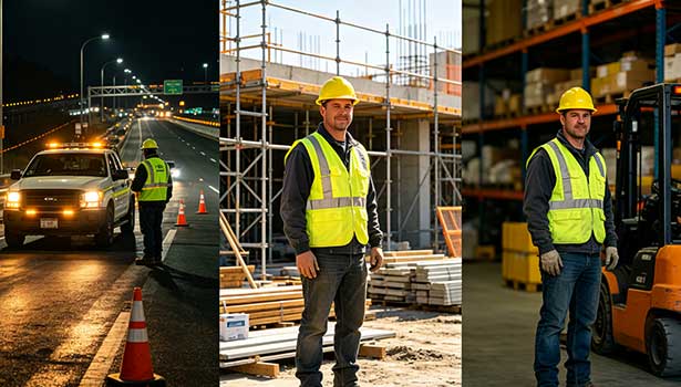 Three typical working scenarios for reflective safety vests: highway night construction, building site, indoor warehouse operation