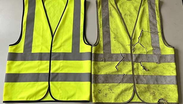 Comparison of brand‑new and aged expired reflective safety vest, faded fabric and peeling cracked reflective strips on old vest
