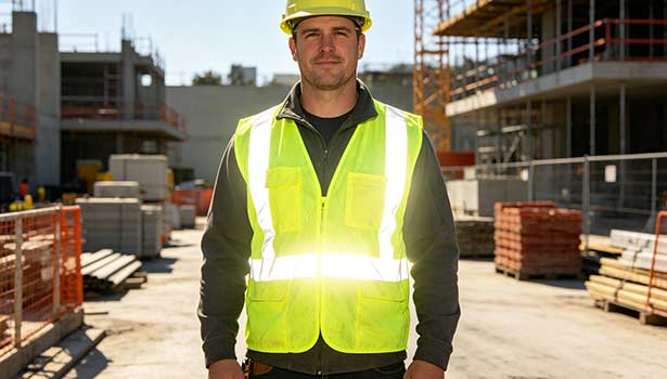 Worker wearing fluorescent yellow high‑visibility reflective safety vest working at construction site, showing reflective strips lighting under vehicle lamp