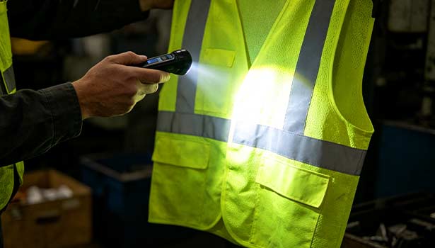Using flashlight to test the reflective performance of safety vest reflective strips in factory dim environment