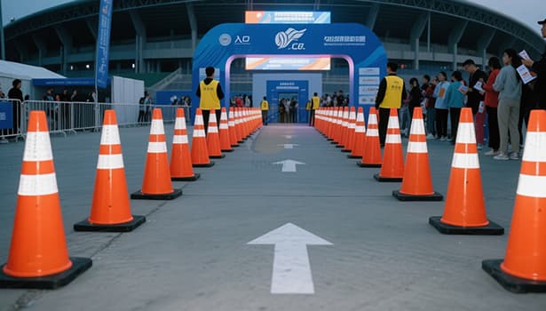 Orange traffic cones with heavy bases guiding crowd flow at a stadium event entrance