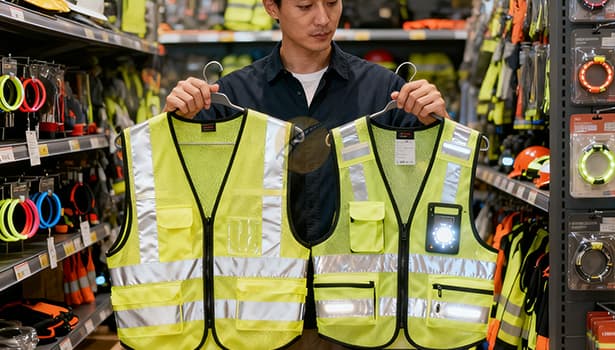 Man comparing reflective safety vest and LED safety vest in a store