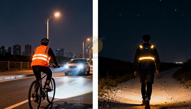 Reflective safety vest (left) vs LED safety vest (right) visibility comparison at night with cyclist and walker