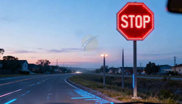 Solar powered red octagon stop sign at dusk