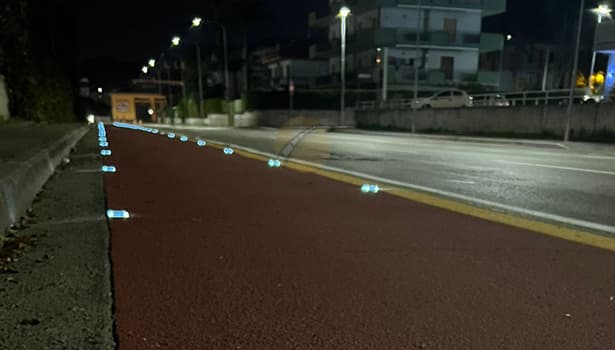 Solar LED road studs improving night visibility on cycle lane