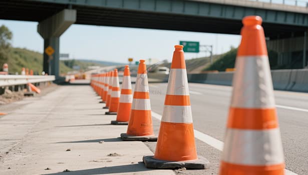 Orange traffic cones lined on highway under overpass for road construction, ensuring traffic safety and guiding vehicles. Related to traffic cone maintenance for road usage scenarios.