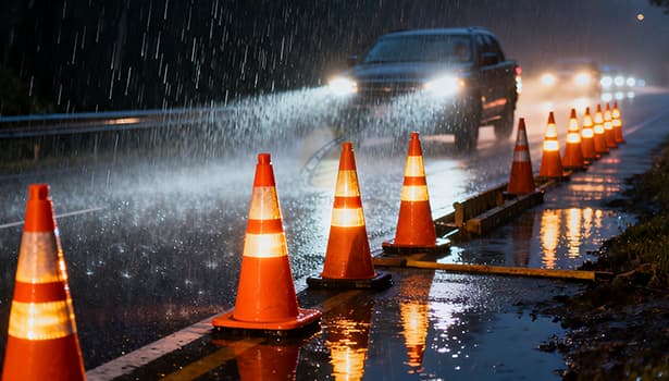 Reflective traffic cones on wet road during heavy rain, ensuring visibility and traffic safety in adverse conditions, highlighting maintenance importance for weather resistance.