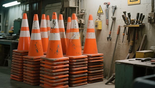 Stacked traffic cones in a warehouse, some with wear and tear, indicating storage management and pre-maintenance inspection in traffic cone maintenance process.