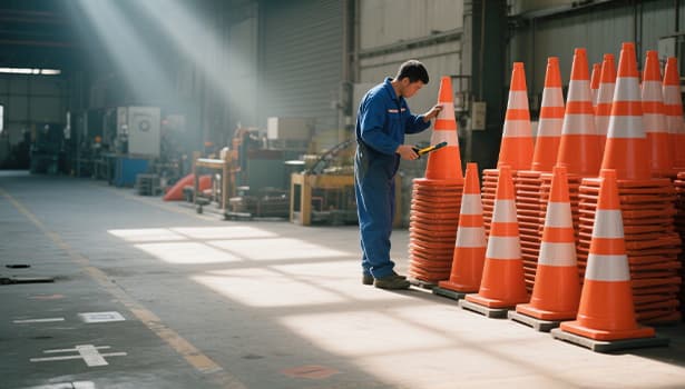 Technician in blue workwear inspecting traffic cones with a tool, demonstrating professional inspection procedure in traffic cone maintenance.