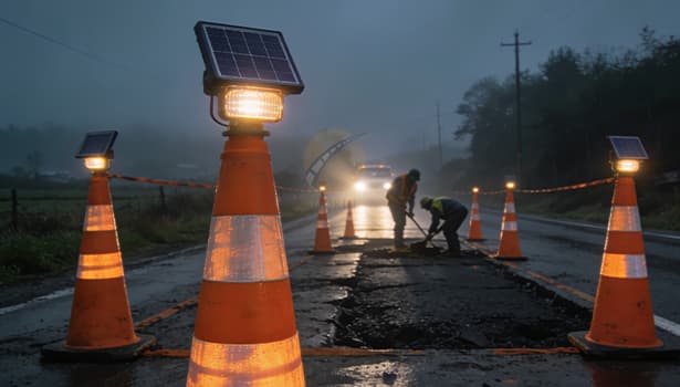 Solar-powered illuminated traffic cones securing a nighttime road repair work zone in rainy, foggy conditions