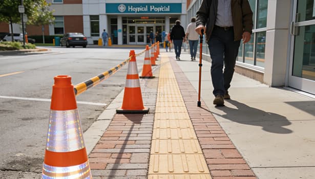 Reflective traffic cones with barrier tape guiding pedestrians (including a cane user) along a safe path near a hospital portal entrance