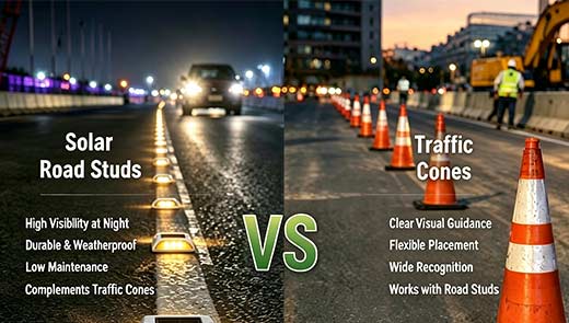 solar-road-studs-vs-traffic-cone-in-construction-areas